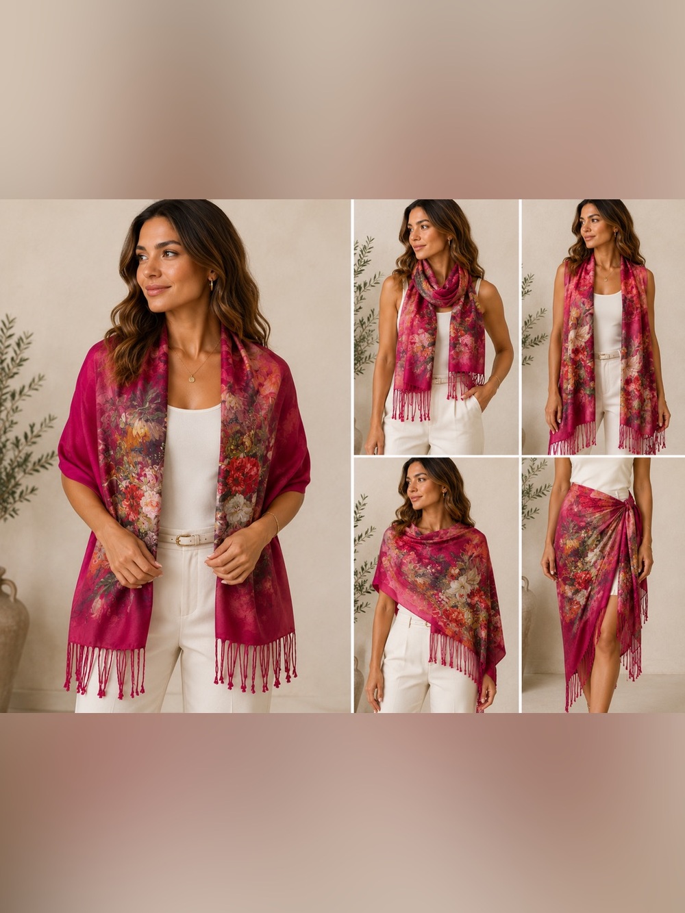 100% Silk Floral Fringe Scarf Shawl Wrap Magenta Pink Botanical Art Print